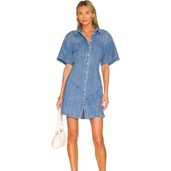 FRAME Seam Detail shoreline wash Short Sleeve Button Up Denim Mini Dress Blue XL - Picture 1 of 11